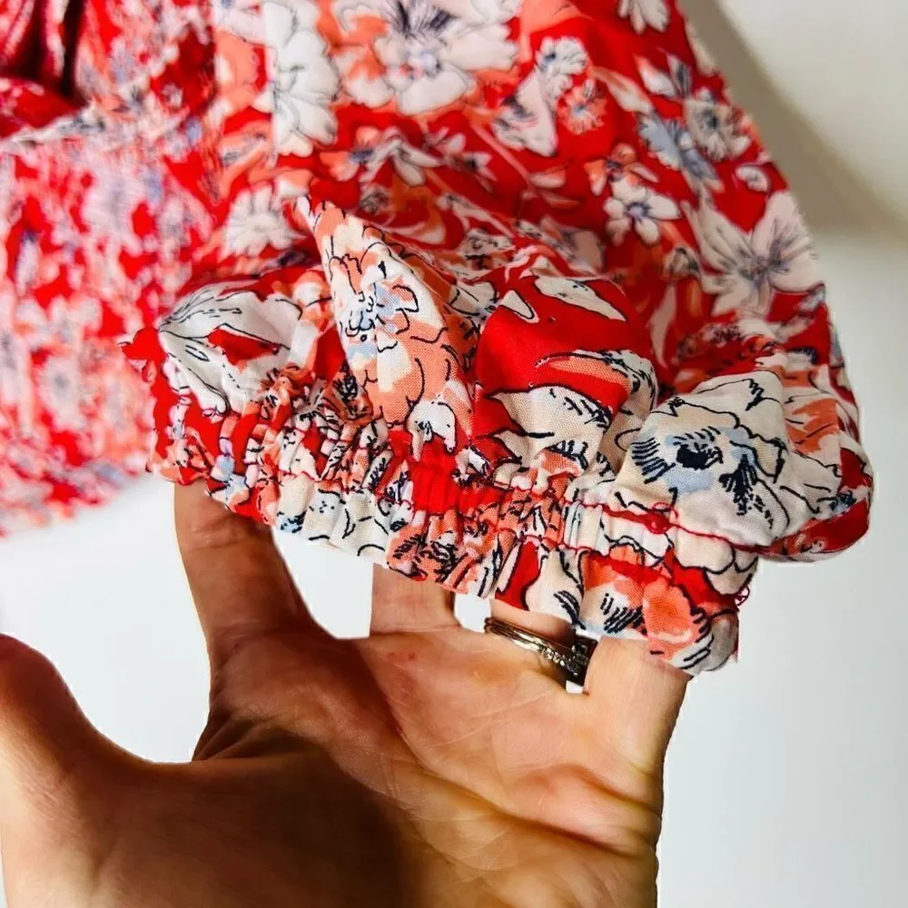 Free People Pink Red White Floral Crop Puff Blouson Sleeve Blouse